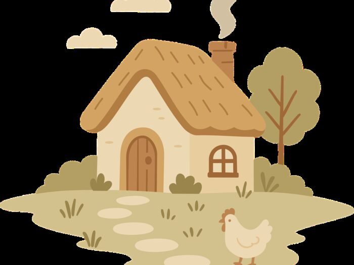 Illustration d'une maison et jardin avec poule